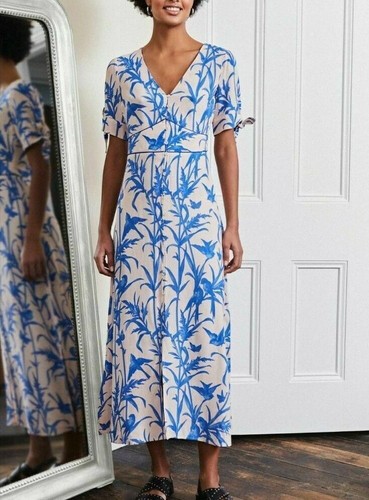 OFF WHITE Abito da tè Oasis Off White blu floreale midi manica corta taglia 14 occasione matrimonio