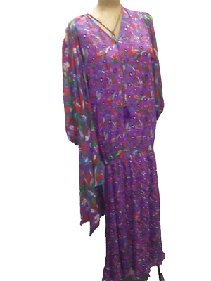 Vestido De Colección Años 80 Púrpura Rojo Verde Azul Sedoso Poli Diseñador Diane Freis L Foto 1 de 4