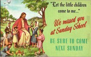 Postkarte Wir vermissten dich in der Sonntagsschule Kirche Versandtasche Leinen unbesendet - Bild 1 von 2