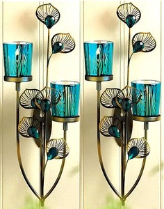 Set of 2 ** 14.5" PEACOCK BLUE PLUME MULTI-TONES SCULPTURED WALL SCONCES ** NIB - Picture 1 of 12