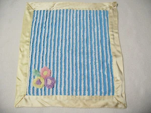CUTE Small Blue and White Striped Receiving Blanket with Chenille Flowers NEW! - Picture 1 of 4