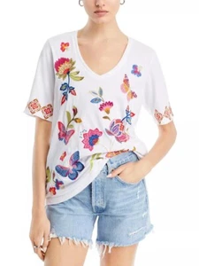 NWT JOHNNY WAS SZ L GRACEY EMBROIDERED TRAPUNTO V NECK COTTON TEE White - Picture 1 of 4