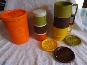 Vintage Tupperware Harvest Colors Lot: Mugs Coasters Canister Spice Jars/Lids - Picture 1 of 13