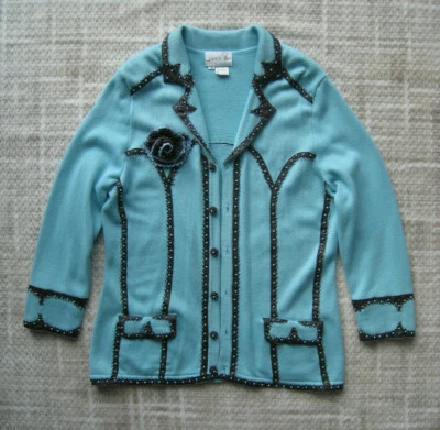 Just B Women's Cardigan Sweater Size M Embellished Beaded Sky Blue Brown Vintage Foto 1 de 4