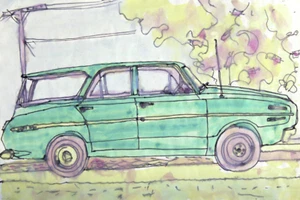 HANK LUKAS DODGE DART WAGON ORIGINAL AQUARELL MID CENTURY 60er LA ARTIST - Bild 1 von 2