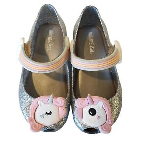Mini Melissa Silver Glitter Unicorn Rainbow Girls Mary Jane Shoes US 8 (fits 7)