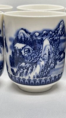 [Lot of 6] Mug Set Coffee Cup White And Blue Design Townscape House Scene - Image 1 of 4