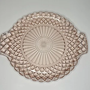 Hocking Waterford Waffle Handled Serving Platter Cake Pink Depression Glass - Picture 1 of 12