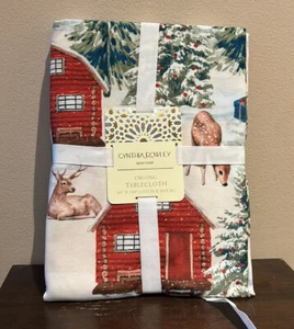Cynthia Rowley Christmas Trees Scene Reindeer Tablecloth 60”x 120” Oblong - Picture 1 of 4