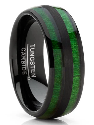 Alianza de boda negra con incrustaciones de madera de jade verde cúpula anillo de carburo de tungsteno para hombre 8 mm Foto 1 de 4