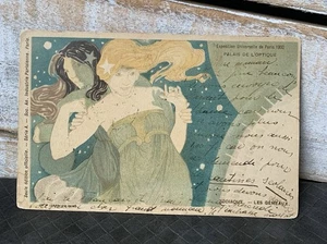 ART NOUVEAU ADVERTISING postcard uns MUCHA? ZODIAC GEMINI PARIS EXPO c1900 - Picture 1 of 4