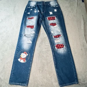 Upcycling Damen Jeans L Weihnachten Schneemann kariert Holiday Art To Wear Applikation 3I - Bild 1 von 13