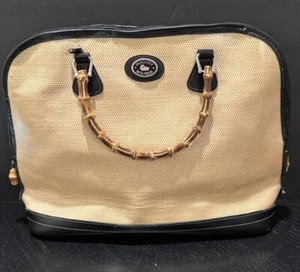 VTG Dooney & Bourke Purse Panama Woven Bag Bamboo Handles Black Leather Trim - Picture 1 of 15