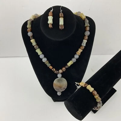 Iolite 碧玉玛瑙吊坠项链手链耳环套装纯银地球波西米亚 — 第 1/4 张图片