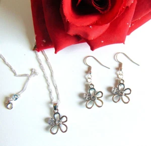 925 Silber Schmuck Set Silber Blüte Zirkon Kette Anhänger Creolen - Bild 1 von 6