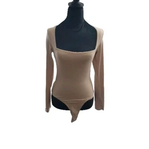 Qinsen Bodysuit For Women Sexy Square Neck Longsleeve Beige Sz S - Picture 1 of 6