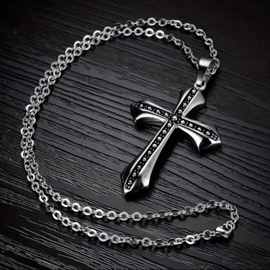 COLLANA DA UOMO IN ACCIAIO CON CROCE PLACCATO IN ARGENTO STILE ALLA MODA - Immagine 1 di 1