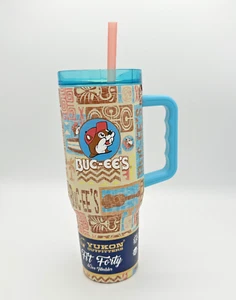 BUC-EE'S Tiki Print Tan Aqua Fit Forty 40 Oz Tumbler Yukon Outfitters Hot/Cold - Picture 1 of 7