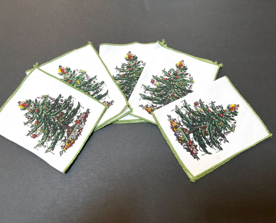 Set of 5 Vintage Spode Christmas Tree Cloth Napkins - Image 1 of 4