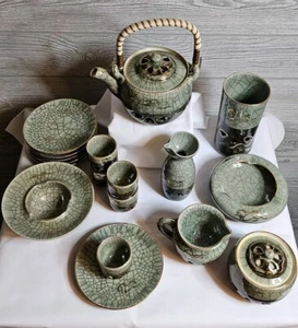 JAPANESE SOMAYAKI DOUBLE WALL GREEN Tea Set 18 Total pcs. Pls Read Description - Picture 1 of 18