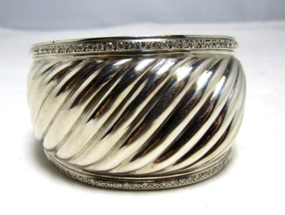 David Yurman Sterling Silver Pave Diamond Thoroughbred Wide Cuff Bracelet - Image 1 of 4