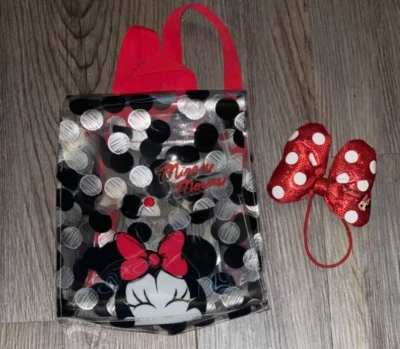 Minnie Mouse Mini Backpack Disney Gray Red Black Metallic & girls ears hair tie - Image 1 of 4