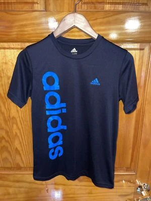 Adidas Boys' T-Shirt Black Blue Size Large L 14-16 Logo Tee - Image 1 of 3