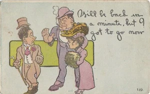 Postcard Will Be Back in a Minute Comic Couple Victorian Clothes Funny - Picture 1 of 2