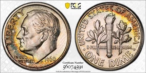 PR66 1960 10C Roosevelt Silver Proof Dime, PCGS Trueview - Rainbow Toned - Bild 1 von 5