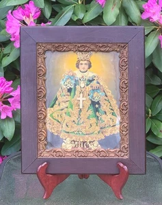 Antique Lithograph Infant Jesus Of Prague Ornate Gold Gesso Wood Stunning Frame - Picture 1 of 8