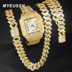 Goldfarbene kubanische Kettenuhr für Herren, Hip Hop Miami Curb, Iced Out gepflasterter Strass - Bild 1 von 30
