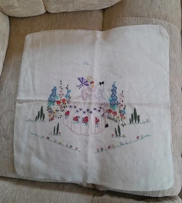 Two Vintage Embroidered Cushion Covers.  Crinoline Lady And Garden. 17"  - Image 1 of 4