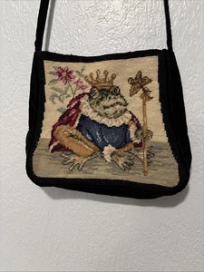 Vintage Froschkönig Nadelspitze Samt Handtasche Umhängetasche klein Handarbeit - Bild 1 von 5