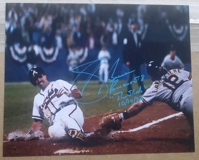 BONITA foto autografiada de los Bravos Sid Bream "The Slide" 8x10 de béisbol con fecha 14/10/92 Foto 1 de 2