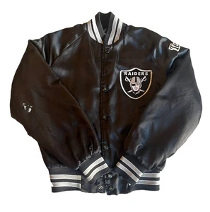 Vintage 90s Oakland Raiders Blck Chalk Line Satin Snap Bomber Jacket Youth 10/12 - Picture 1 of 9