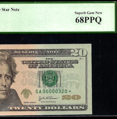 2004A $20 Federal Reserve Note PCGS Gem 68PPQ - low Serial Number Star 00000320* - Image 1 of 3