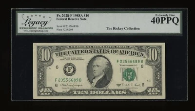 DBR 1988-A $10 FRN Atlanta Fr. 2028-F Legacy XF-40 PPQ Serial F23556689B - Image 1 of 2