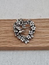Vintage Pewter Jewelry Brooch MASJ England Heart And Dove Birds Floral Wreath