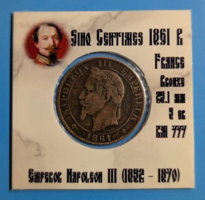 1861 B - Imperio Francés - Emperador Napoleón III - 5 céntimos #432 Foto 1 de 3