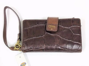 NEW-FOSSIL AMANDA DARK BROWN CROC LEATHER PHONE CASE WALLET,WRISTLET,CLUTCH - Picture 1 of 5