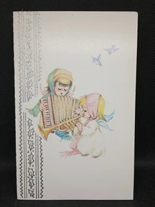 VINTAGE Anges jouant de la trompette accordéon joyeux Noël carte de voeux signée - Photo 1/3