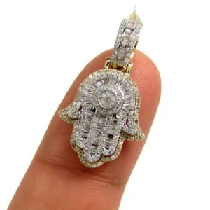 2Ct Lab-Created Diamond Baguette Hamsa Hand Pendant 14k Yellow Gold Finish - Picture 1 of 3