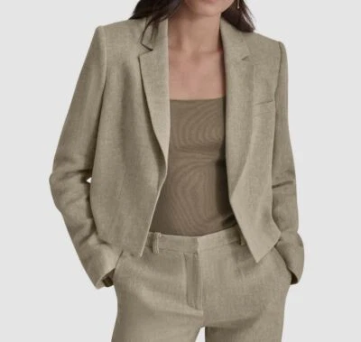 Blazer feminino DKNY verde espinha de peixe frente aberta cropped linho terno jaqueta tamanho 18 - Imagem 1 de 4