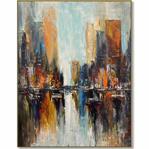 Abstract Cityscape Paintings On Canvas Modern Urban Landscape Textured Artwork - Picture 1 of 11
