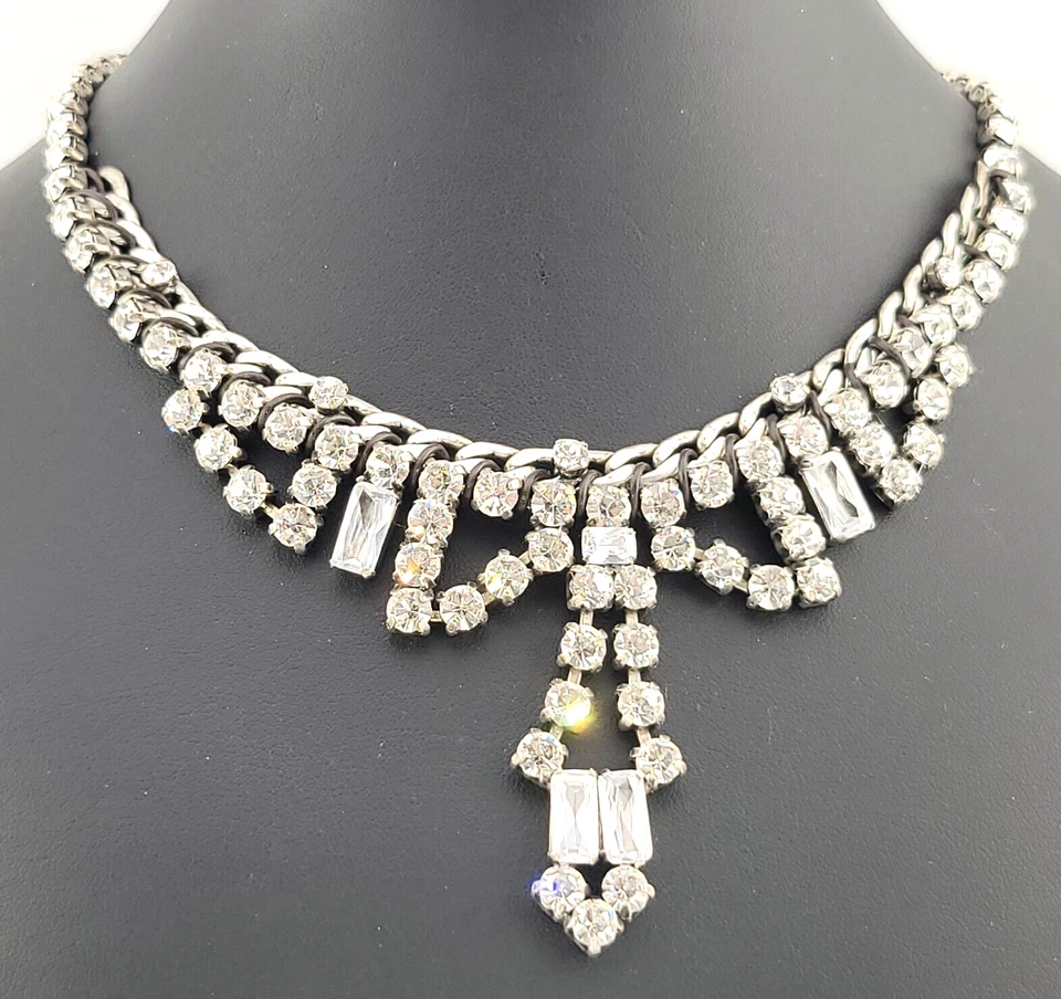 Designer Signed Fossil Chunky White Rhinestone Bib Waterfall Statement Necklace - Image 1 of 4