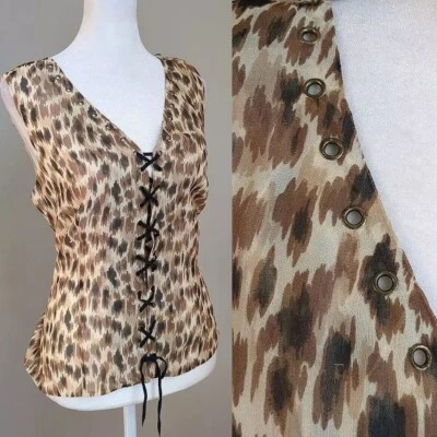 Винтажный Y2K Spenser Jeremy Шелковый Топ Леопардовый Принт Шнуровка Втулка Размер L - Изображение 1 из 4