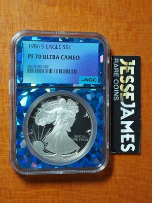 1986 S PROOF SILVER EAGLE NGC PF70 ULTRA CAMEO BLUE PRISM FOIL CORE - Image 1 of 2