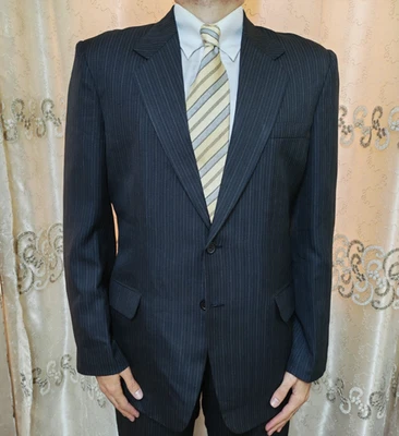 Vintage handtailored bespoke classic all worsted 2 button black striped suit 40R - Image 1 of 4