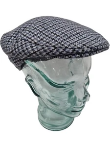 Simon Fairfax Tweed Flat Cap Blue Houndstooth Medium Made in England - Picture 1 of 5