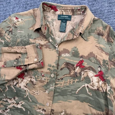 Lauren Ralph Lauren Equestrian Fox Hunt Women’s Large Dog Horse Sportsman Shirt - Image 1 of 4